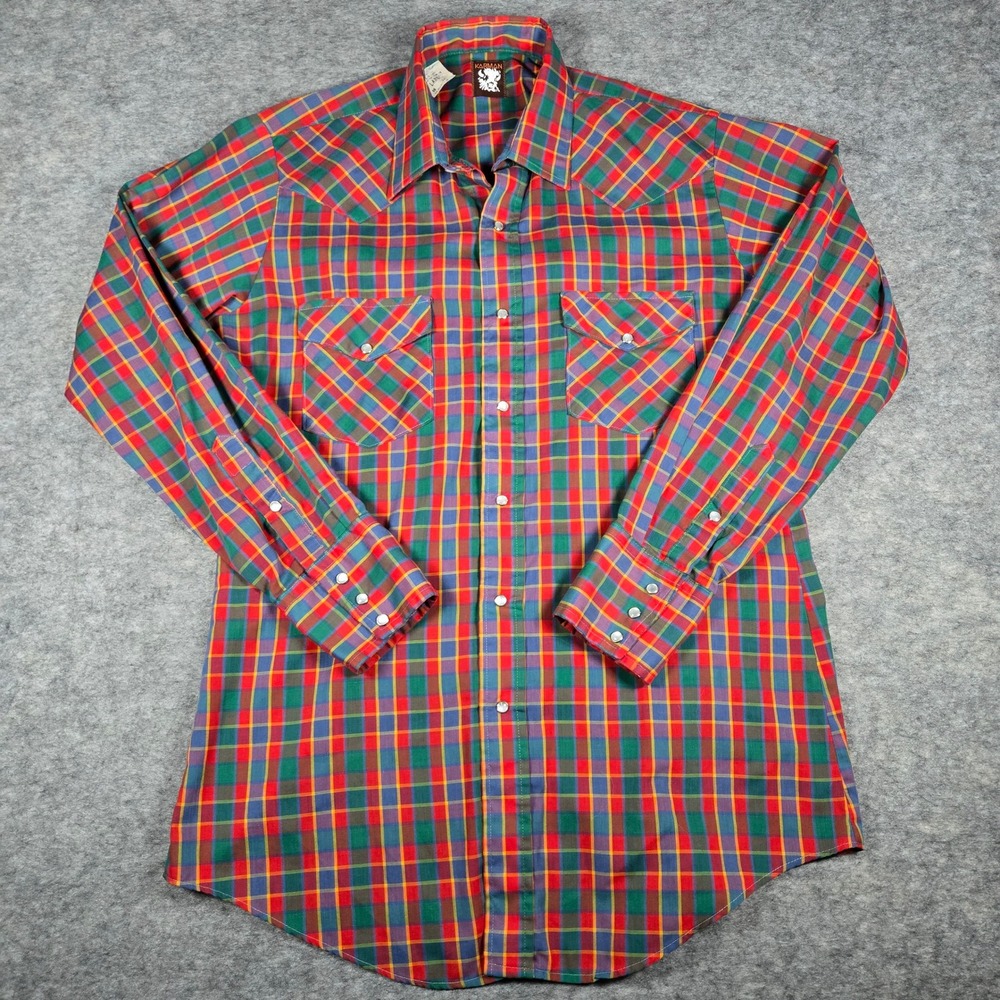 Vintage Karman Mens Multicolor Plaid Western Pearl Snap Shirt Large